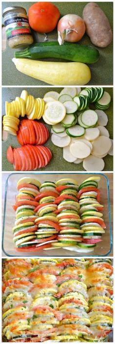 potatoes, onions, squash, zucchini, tomatoes...sliced, topped with seasoning and parmesan cheese - side dish - (copied Hannah Haggmark  - "I found a really similar one that said this: zucchini, tomato, potato, summer squash, onion, garlic, olive oil, shredded cheese. 350 degrees: 30 min. covered; 10 - 15 uncovered with cheese. I tried it and it was delicious though I recommend cutting the potatoes thin if you follow these instructions.") - (saute garlic in oil to infuse flavor)