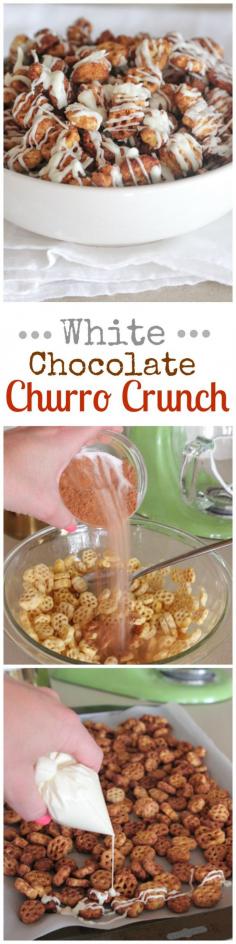 Pined it and DID IT . . . . . . . . . . . White Chocolate Churro Crunch...the ultimate snack mix! Can't stop eating! #snack #recipe