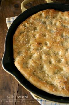 one hour skillet focaccia | Crunchy Creamy Sweet. Rises then cooks in a cast iron skillet.