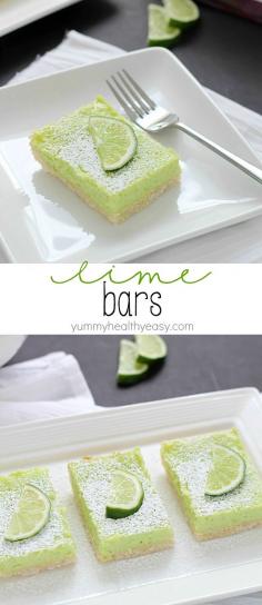 If you like lemon bars, you will love these lime bars! The crust is delicious. The lime layer is divine, light and fluffy, almost like a meringue but full of lime flavor. And the green is perfect for St. Patricks Day! #dessert #recipe #sweet #treat #recipes