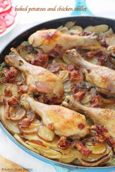 Slow Baked Potatoes and Chicken Skillet - Tender chicken drumsticks cooked on top of layers of thin sliced potatoes and onions make this potatoes and chicken skillet an mouthwatering, flavorful meal.