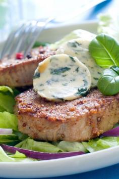 Course(s): Entrée; Ingredients: basil, blue cheese, garlic, margarine, parsley, porterhouse steak