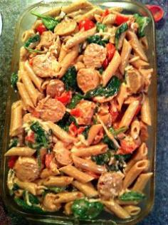 light pasta bake with chicken sausage, mozzarella, spinach  tomatoes, yummy!