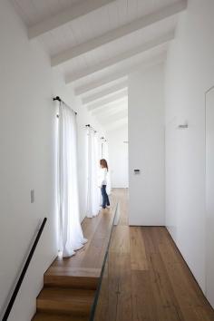
                    
                        interior design, hallway, stair case, wood, white, curtains
                    
                