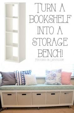 20 Creative Furniture Hacks :: Turn a bookshelf into a cute storage bench! Maybe cute under playroom windows...