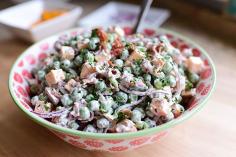 PW's Pea Salad, which goes on the table for Easter. Frozen peas, red onion, cheddar and bacon make this classic cold salad.