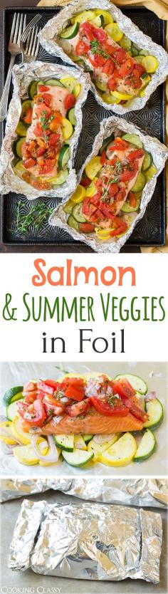 
                    
                        Salmon and Summer Veggies in Foil - so easy to make, perfectly flavorful and clean up is a breeze! Whole family LOVED this salmon!
                    
                