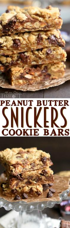 
                    
                        Peanut Butter Snickers Cookie Bars - all things good in this world.  These bars are delightfully chewy, incredibly moist, and just oozing with chocolate and peanut butter flavor.  | MomOnTimeout.om
                    
                
