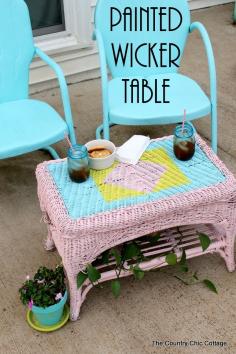 Painted Wicker Table -- add a design to wicker with Krylon spray paint and just a few supplies.  Come see the step by step instructions!