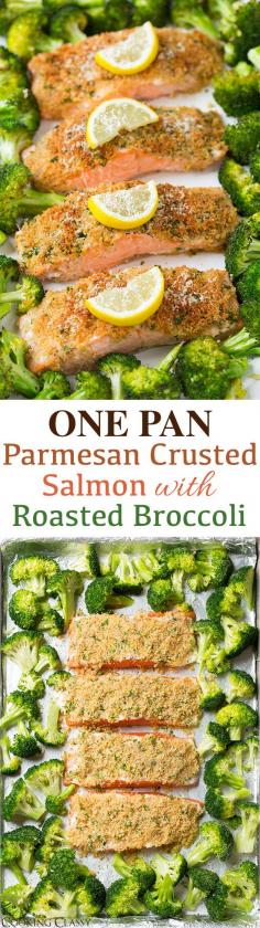 Single Sheet Pan Parmesan Crusted Salmon with Roasted Broccoli by cookingclassy #Salmon #Broccoli #Parmesan #Easy #Healthy