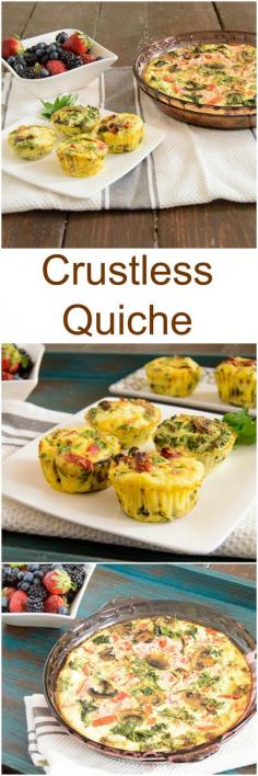 Crustless Quiche - easy, make ahead breakfast packed with veggies and protein! Perfect for brunch or for make ahead breakfast during the week! Gluten free, low fat - omit cheese