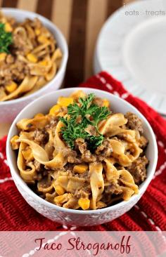 Taco Stroganoff ~ Add a kick to your favorite stroganoff loaded with Corn, Taco Meat and Pasta! I would use dairy-free cheese, turkey burger, and zucchini noodles, add black beans, to make this dairy-free and low carb, diabetic friendly