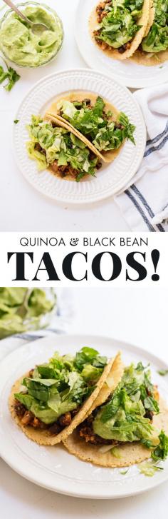 
                    
                        Quinoa black bean tacos with avocado crema! Quick, healthy and delicious. cookieandkate.com
                    
                