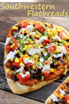 
                    
                        Southwestern Flatbreads : Naan topped with creamy chipotle bean spread, black beans, tomatoes, corn, pepper jack cheese, & delicious lime cream. Delicious and Easy!
                    
                