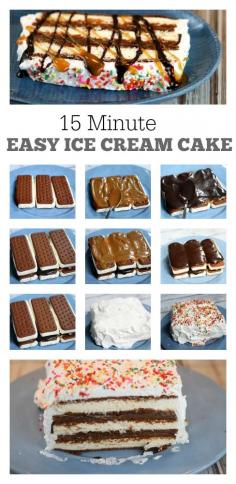 
                    
                        Easy Ice Cream Cake:  seriously the easiest-ever to make summer dessert recipe.  It won't take you any longer than 15 minutes to make, then pop into the freezer to eat later.  Everyone loves this dessert!
                    
                
