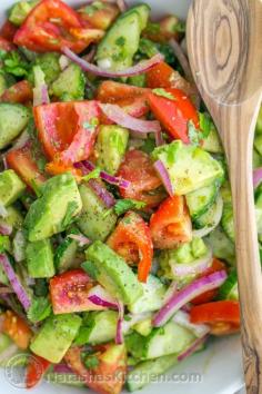 This Cucumber Tomato Avocado Salad recipe is a keeper! Easy, Excellent Salad! Very flavorful and mixes it up a bit than your regular old school side salad!!