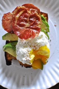Toasted Cornbread with Avocado, Crispy Pancetta, and Poached Eggs