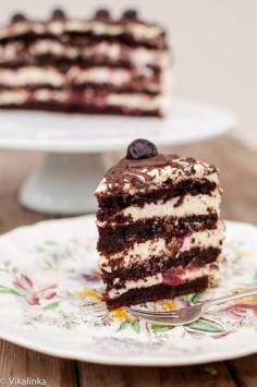 Black Forest Cake: Dark chocolate layers filled with vanilla and brandy mousse and Italian Amarena cherries.