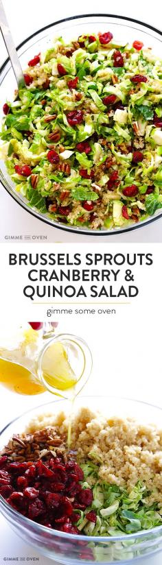 
                    
                        Brussels Sprouts, Cranberry & Quinoa Salad -- healthy, easy to make, and SO tasty! | gimmesomeoven.com
                    
                