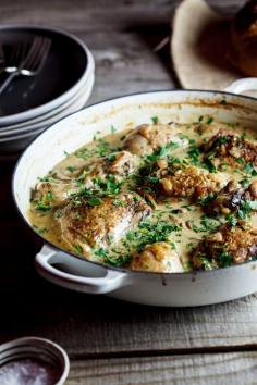 Nigel Slater’s Coq au Riesling - chicken with a bacon mushroom white wine cream sauce.