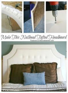 How to make this nailhead tufted headboard, #tutorial #bedroom #DIY featured on Remodelaholic.com- Just did this - Must say it was way harder than described and I am pretty crafty. Make sure you have good workspace area. For the tufting you will need a way to keep headboard upright, Good to have a helper too.