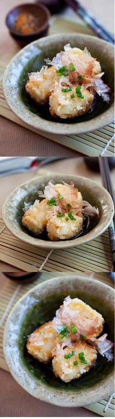 Agedashi Tofu – a popular Japanese appetizer of deep fried tofu in a sweet and savory sauce. Super healthy, delicious and easy to make! | rasamalaysia.com