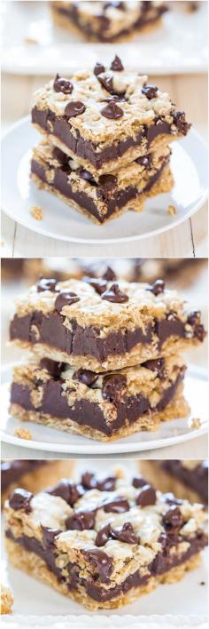 Yes please! Fudgy Oatmeal Chocolate Chip Cookie Bars - Chewy bars with a thick layer of fudge in the middle!