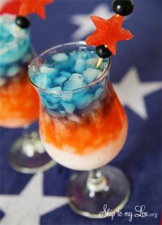 Red, White and Blue Layered Drink!  Easy Fourth of July drink recipe! www.skiptomylou.org #fourthofjuly #drinkrecipe