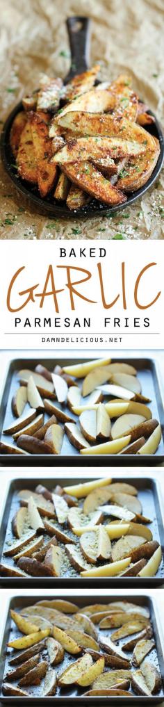 Garlic Parmesan Fries - Amazingly crisp, oven-baked fries coated with freshly grated Parmesan and a generous dose of garlic goodness! #vegetarian #recipe #food #recipes #veggie