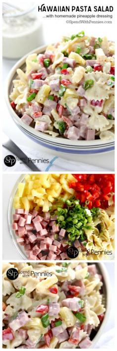Hawaiian Pasta Salad is literally one of the most delicious cold pasta salad recipes!  Pasta combined with ham and sweet pineapple and tossed with a delicious homemade dressing is the perfect combination!  pasta recipes, easy pasta recipes, chicken pasta recipes, healthy pasta recipes, pasta recipes easy, italian pasta recipes, chicken and pasta recipes, penne pasta recipes, vegetarian pasta recipes, simple pasta recipes, shrimp and pasta recipes, quick pasta recipes