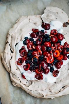 On BkS, celebrating our #savblogawards win with an airy chocolate pavlova topped with cherries and backyard mulberries! (Recipe link in profile.)