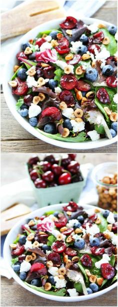 
                    
                        Balsamic Grilled Cherry, Blueberry, Goat Cheese, and Candied Hazelnut Salad on twopeasandtheirpo... Mixed salad greens topped with balsamic grilled cherries, blueberries, goat cheese, and candied hazelnuts. This fruity and flavorful salad is a must make for summertime.
                    
                