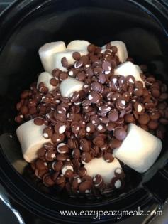 Crockpot Smore Fondue 1/2 cup cream 10 oz marshmallows 15 oz milk choc All in crockpot 1 1/2 hours  Serve with cookies, graham crackers, marshmallows, etc. Can keep hot inside of triple crock pot. Could do Dark chocolate, Milk Chocolate, and White Chocolate in the triple slow cooker.