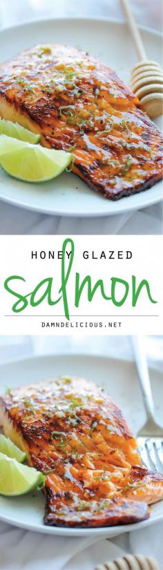 Honey Glazed Salmon - The easiest, most flavorful salmon you will ever make. And that browned butter lime sauce is to die for! Easy and healthy recipes you can find here : http://justcookandeat.com/