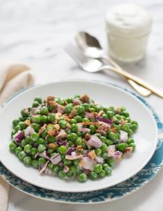 Creamy Green Pea Salad with Bacon and Almonds. Healthy no mayo version with Greek yogurt.