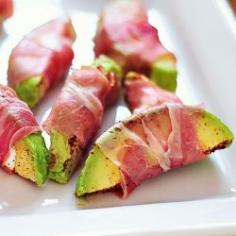 avocado, filled with goat cheese, wrapped in prosciutto. Looks like a great appetizer! party food