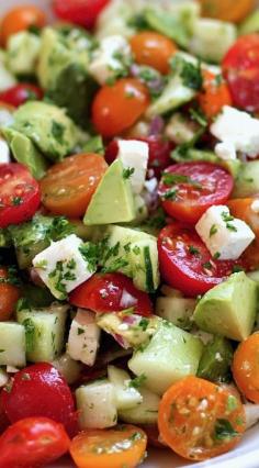 Such a great dish! Tomato, cucumber, avocado salad. DRESSING - 2 tbs olive oil & 1 tbs red wine vinegar