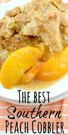 The-Best-Peach-Cobbler This is, hands down, the best Southern Peach Cobbler! Lots of juicy peaches complimented with just the right amount of spices and a fabulous topping thats sweet and cakey in the center with crisp sugary edges!