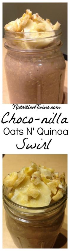 Choco-nilla Oats N’ Quinoa Swirl | Only 312 Calories | Easy to Make, Nutrient Packed Breakfast | Great On-the-Go | Packed with Fiber & Protein | For MORE RECIPES, Fitness & Nutrition Tips please SIGN UP for our FREE NEWSLETTER www.NutritionTwins.com