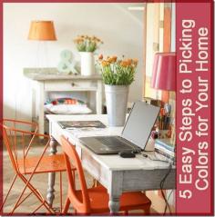 Home office: I really like these colors and table... Awesome orange chairs!