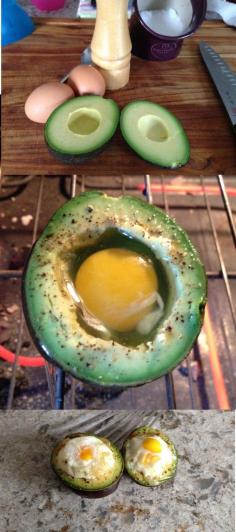 No Piece of Paleo Cake: Recipe - Baked Egg in an Avocado • Avocado 2 Eggs Salt & Pepper 375º • Half and remove the pit of an avocado. Scoop out enough flesh so that you can crack an egg and place it in the hollow. Let me stress, take out more flesh than you think or you'll wind up spilling the egg like I did twice. Season the cavity with salt and pepper. Crack an egg into the cavity and season. Place in oven on an oven safe dish. Bake 20-25 min until cooked to your preference. #avocado #egg