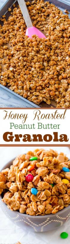 
                    
                        Only 7 simple ingredients to make this healthy honey roasted peanut butter granola! Made with homemade peanut butter too!
                    
                