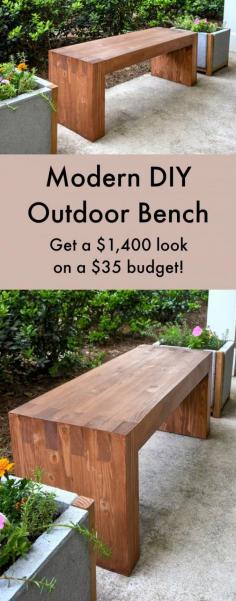 This easy modern DIY outdoor bench was made with $35 of materials - and uses no nails or screws! Looks just like a Williams Sonoma one for $1,400. Wouldn't this look great in your garden?