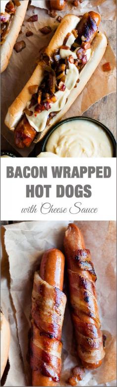 
                    
                        Bacon Wrapped Hot Dogs with Cheese Sauce - bacon makes everything better. So does cheese!
                    
                