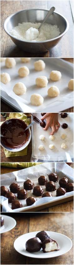 Dark Chocolate Coconut Bites. Simple, easy to make sweet treats that offer a good dose of healthy fats and a perfect flavor combination of coconut and dark chocolate. Vegan, gluten free and no bake. Click on image for recipe. #glutenfree #recipes #gluten #recipe #easy