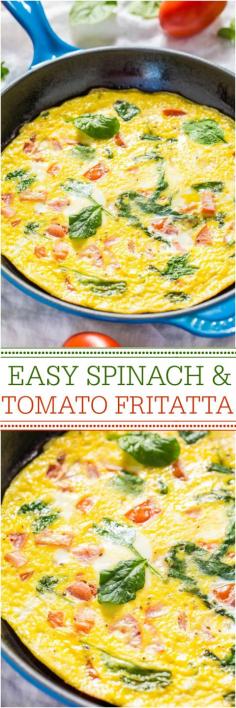 
                    
                        Easy Spinach and Tomato Frittata - Ready in 10 minutes and healthy! Perfect for any meal!! Great for using up odds-and-ends veggies, too!!
                    
                