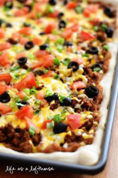 pinner said: Taco Pizza. This Taco Pizza is probably one of my favorite recipes Ive blogged about. It makes the Top 5 list, for sureI will be making this forever! It is really, really awesome! - Click image to find more Food  Drink Pinterest pins