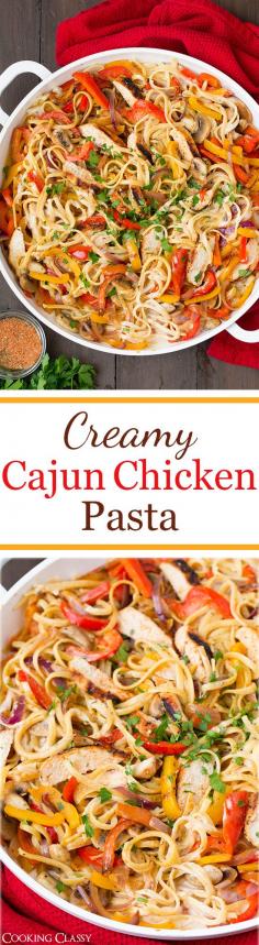 Creamy Cajun Chicken Pasta Dinner Recipe - this pasta is seriously AMAZING! Linguine covered in a lighter alfredo style sauce with cajun seasoning, and grilled chicken, sauteed peppers, mushrooms and onions. Loved it!
