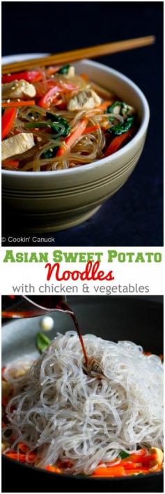 
                    
                        Asian Sweet Potato Noodles Recipe with Chicken and Vegetables...195 calories and 5 Weight Watchers PP | cookincanuck.com #healthy #cleaneating
                    
                