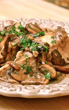 Balsamic Cream Chicken with Mushrooms: COOK 4 boneless, skinless chicken breasts Salt Pepper 2 tbsp oil 4  tbsp butter SET CHICKEN ASIDE  Add to pan and cook 5 min 3 c sliced mushrooms  4 cloves minced garlic 2 chopped shallots Sprinkle 2 tbsp flour and cook 1 min. Add & cook until thick 2 c chicken stock ½ tbsp fresh thyme 1½ tbsp balsamic vinegar ¼ c plus 2 tbsp half-and-half     Add chickeninto mushroom mixture. Cook 2 min.  Serve over pasta or rice.